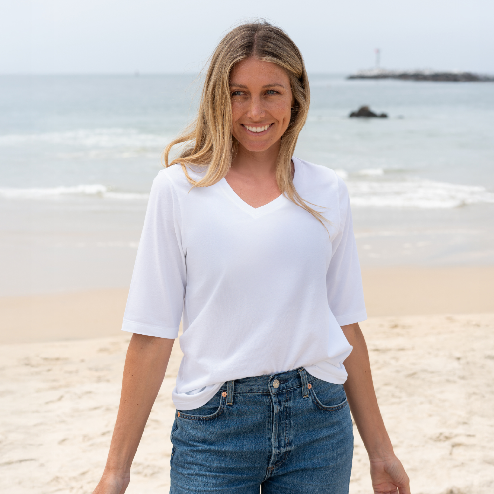 Womens Elbow Sleeve V-Neck